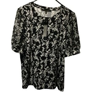 Cynthia Steffe Top XL Black White Floral Sheer Puff Sleeve Blouse New with Tags